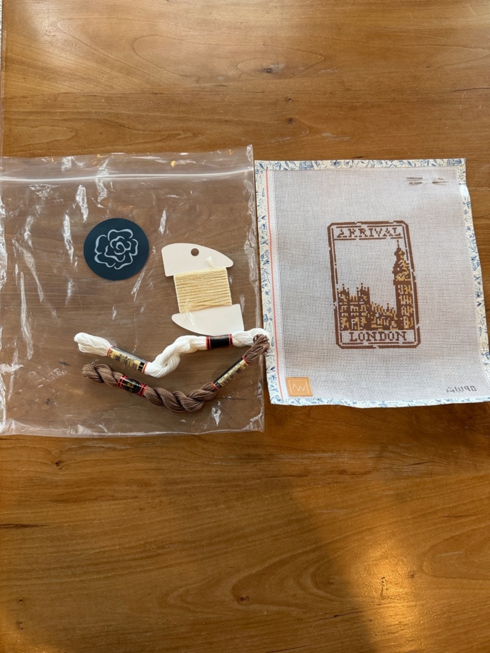 London Travel Needlepoint canvasl in Cream and Brown
